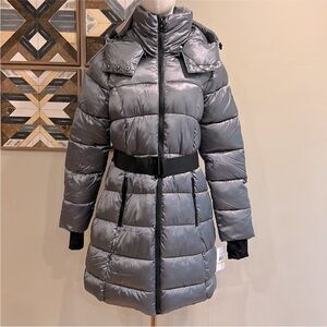 Jessica Simpson Long Belted Hooded Puffer Coat Parka Jacket Shiny Ice Grey M NWT